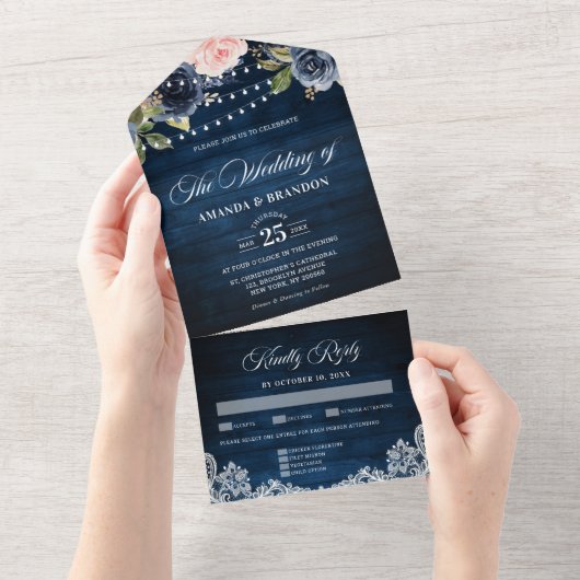 Invitation Tout En Un Mariage lumineux à cordes rustique bleu marine (Déchirure)
