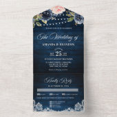 Invitation Tout En Un Mariage lumineux à cordes rustique bleu marine (À l'intérieur)