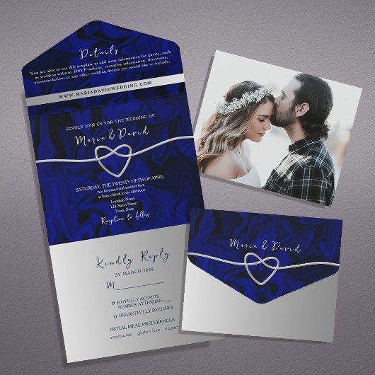 Invitation Tout En Un Mariage Luxe Argent et Bleu Royal