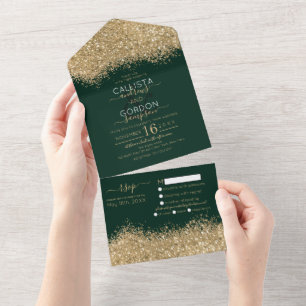 Invitation Tout En Un Mariage Luxe Paillettes Vert Forestier Or Confetti