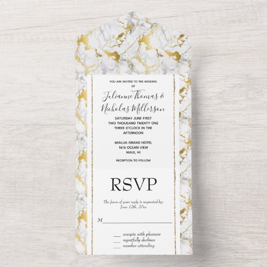 Invitation Tout En Un Mariage Marbre blanc d'or (À l'intérieur)