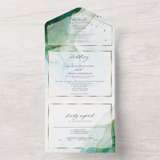 Invitation Tout En Un Mariage Marbre Kelly Vert sarcelle Encre Alcooliqu (À l'intérieur)