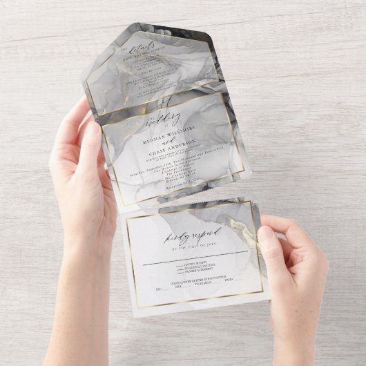 Invitation Tout En Un Mariage Marbre Noir Or Encre d'alcool sur mesure (Déchirure)