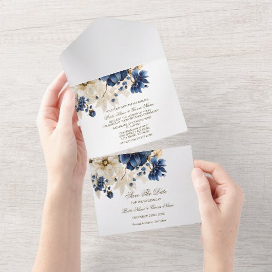 Invitation Tout En Un Mariage Marine Bleu Blanc Or Floral Argent (Déchirure)