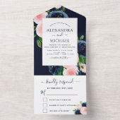 Invitation Tout En Un Mariage Marine bleu bleu rose floral RSVP (À l'intérieur)