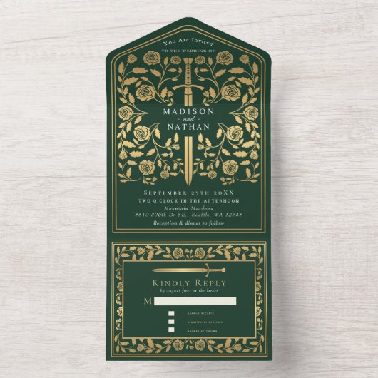 Invitation Tout En Un Mariage médiéval royal vert (À l'intérieur)