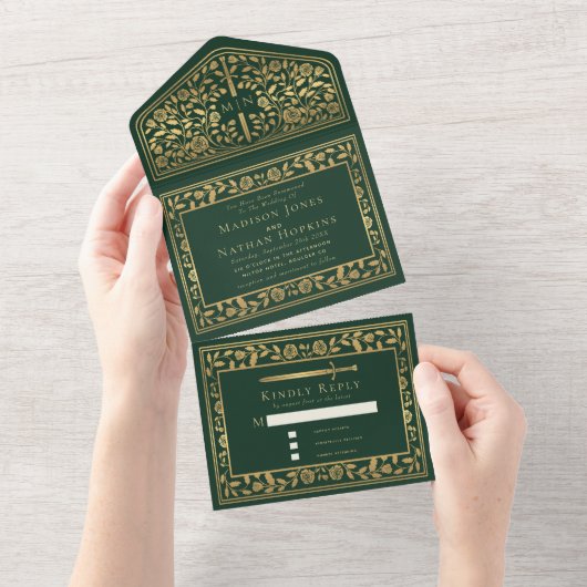 Invitation Tout En Un Mariage médiéval royal vert (Déchirure)