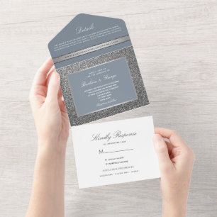 Invitation Tout En Un Mariage minimal en argent et bleu poussiéreux