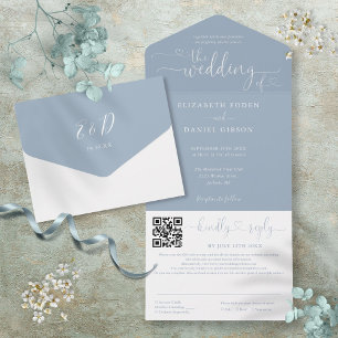 Invitation Tout En Un Mariage minimaliste à code QR en écriture bleue po