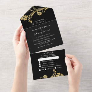 Invitation Tout En Un Mariage minimaliste à l'encre noire et fleurs doré