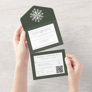 Invitation Tout En Un Mariage minimaliste de flocon de neige Green