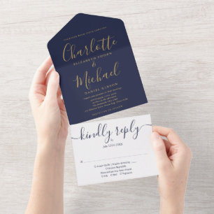Invitation Tout En Un Mariage minimaliste de script or élégant bleu mari