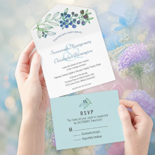 Invitation Tout En Un Mariage Minimaliste Haut Bordure Bleue Feuille de
