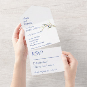Invitation Tout En Un Mariage minimaliste Oiseaux Amoureux Geai Bleu Pou