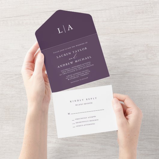 Invitation Tout En Un Mariage minimaliste Plum violet (Déchirure)