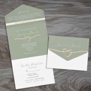 Invitation Tout En Un Mariage Minimaliste Vert Sauge et Or