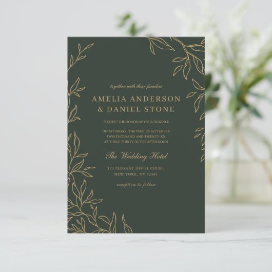 Invitation Tout en un Mariage minimum de feuille d'or vert (Debout devant)
