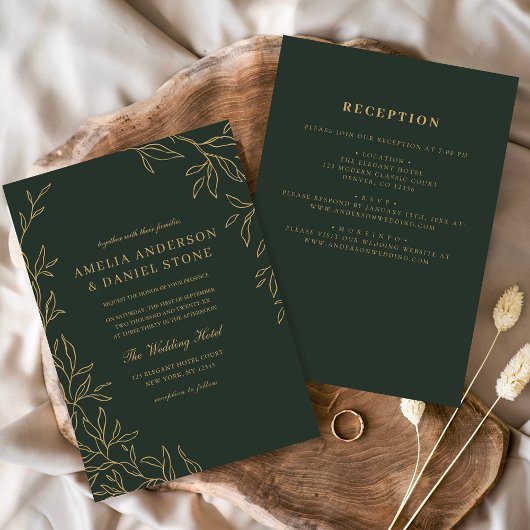 Invitation Tout en un Mariage minimum de feuille d'or vert