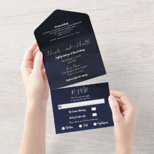 Invitation Tout En Un Mariage Moderne à l'Aquarelle Bleu Marine Maussade
