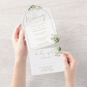 Invitation Tout En Un Mariage Moderne à l'Arche Dorée avec Verdure Botan