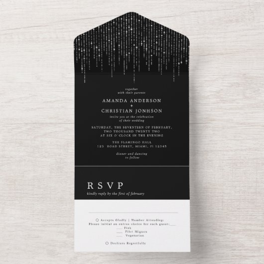 Invitation Tout En Un Mariage Moderne Argent, Noir et Blanc Brillants (À l'intérieur)