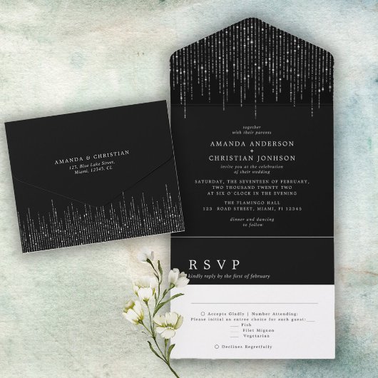 Invitation Tout En Un Mariage Moderne Argent, Noir et Blanc Brillants