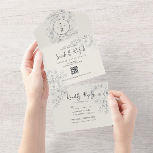 Invitation Tout En Un Mariage moderne avec code QR (Déchirure)