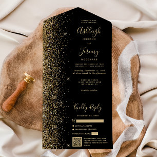 Invitation Tout En Un Mariage moderne avec code QR et paillettes or noir