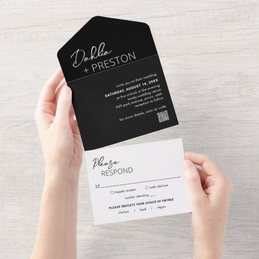 Invitation Tout En Un Mariage Moderne avec Code QR Minimal Noir (Déchirure)