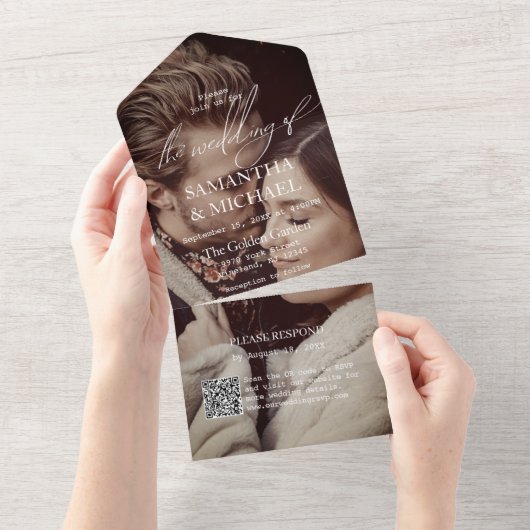 Invitation Tout En Un Mariage moderne avec code QR photo RSVP (Déchirure)