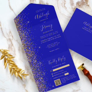 Invitation Tout En Un Mariage moderne avec QR Code à paillettes bleu roy