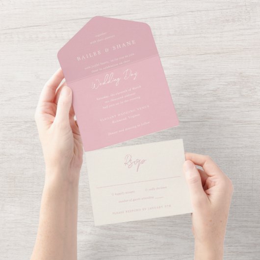 Invitation Tout En Un Mariage moderne Bailee Pink (Déchirure)