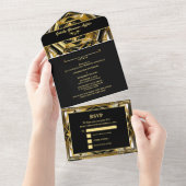Invitation Tout En Un Mariage moderne Black & Gold Gatsby Art Déco année (Déchirure)