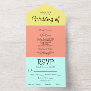 Invitation Tout En Un Mariage moderne bleu, corail et jaune minimaliste