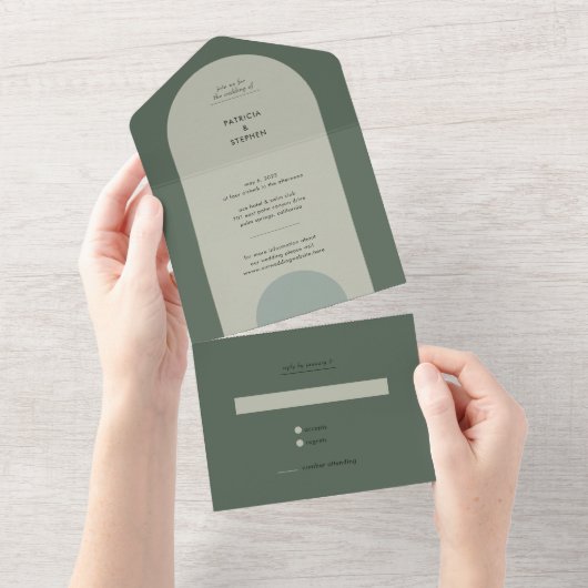 Invitation Tout En Un Mariage moderne Boho géométrique Sage Arche vert (Déchirure)