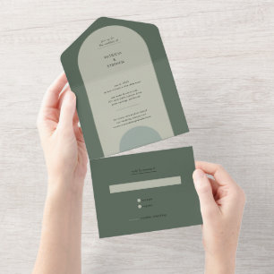 Invitation Tout En Un Mariage moderne Boho géométrique Sage Arche vert