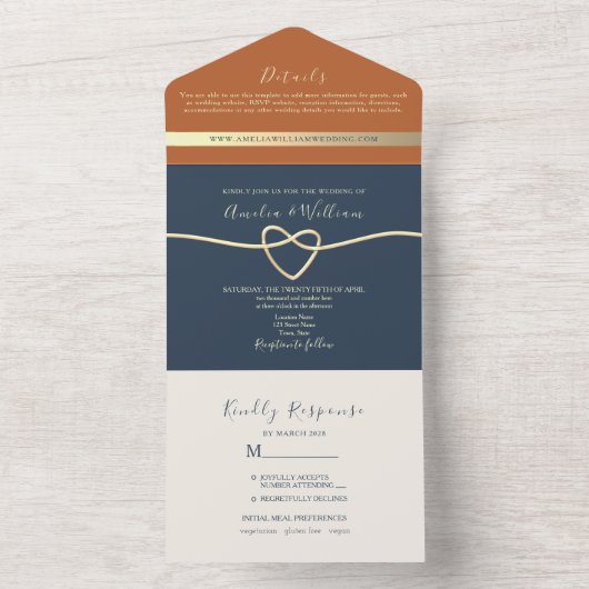 Invitation Tout En Un Mariage moderne Boho Navy Blue et Terracotta (À l'intérieur)