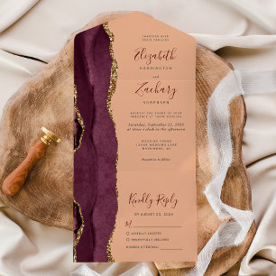 Invitation Tout En Un Mariage Moderne Bourgogne Or Agate Pêche