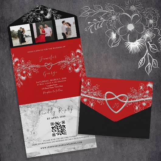 Invitation Tout En Un Mariage moderne de code QR noir et rouge