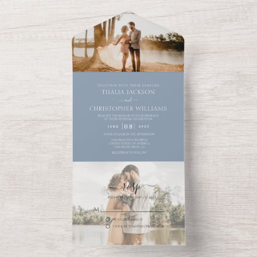 Invitation Tout En Un Mariage moderne Dusty Blue 2 Photo RSVP (À l'intérieur)