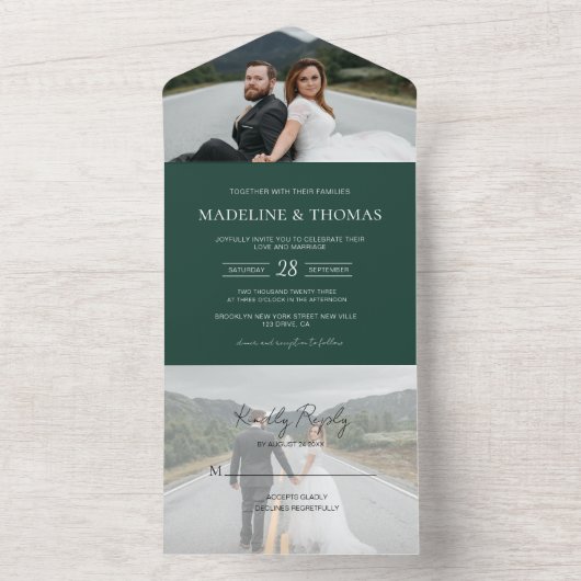 Invitation Tout En Un Mariage moderne Dusty Green 2 photo RSVP (À l'intérieur)