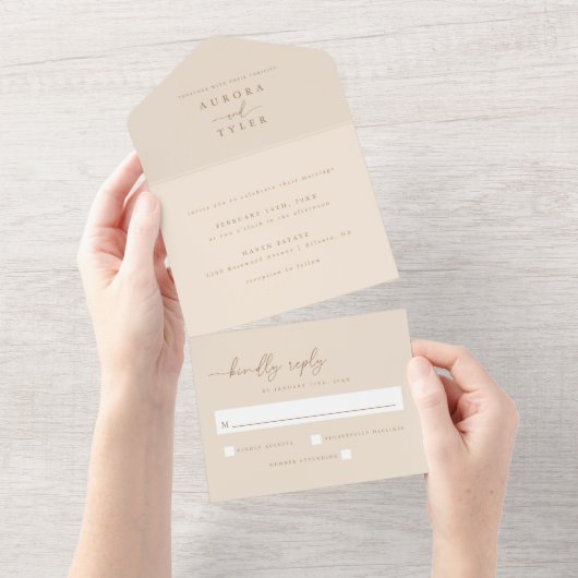 Invitation Tout En Un Mariage Moderne Écriture Beige (Déchirure)