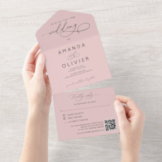 Invitation Tout En Un Mariage Moderne Élégant Chic Calligraphie Rose Pâl