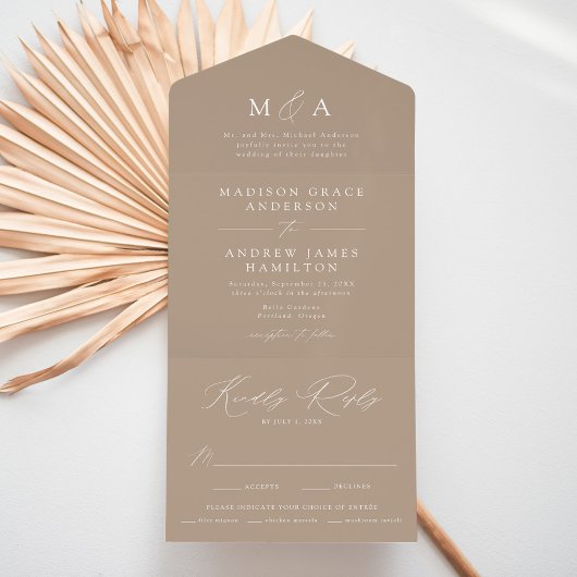 Invitation Tout En Un Mariage moderne Élégant Monogramme Taupe