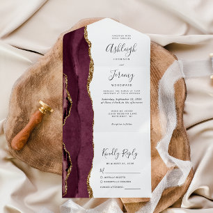 Invitation Tout En Un Mariage Moderne en Agate et Or de Bourgogne