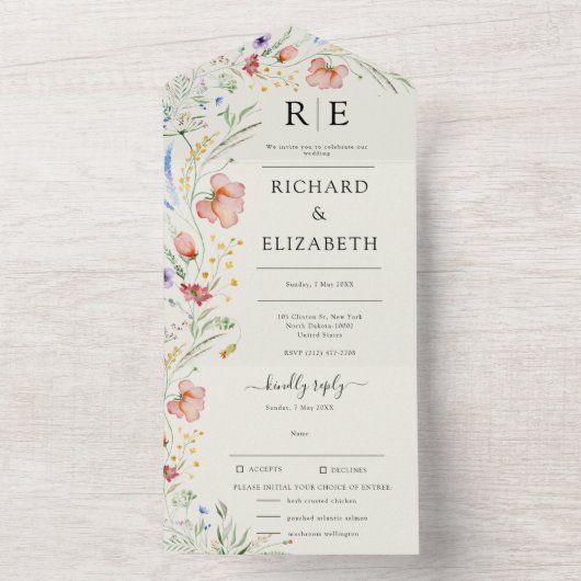 Invitation Tout En Un Mariage moderne Fleur sauvage minimal élégant (À l'intérieur)