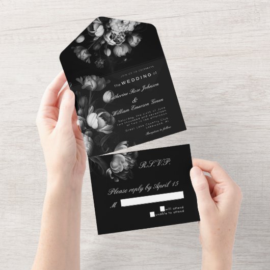Invitation Tout En Un Mariage moderne hollandais fleuri noir et blanc (Déchirure)