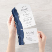Invitation Tout En Un Mariage moderne Marine Blue Silver Agate (Déchirure)