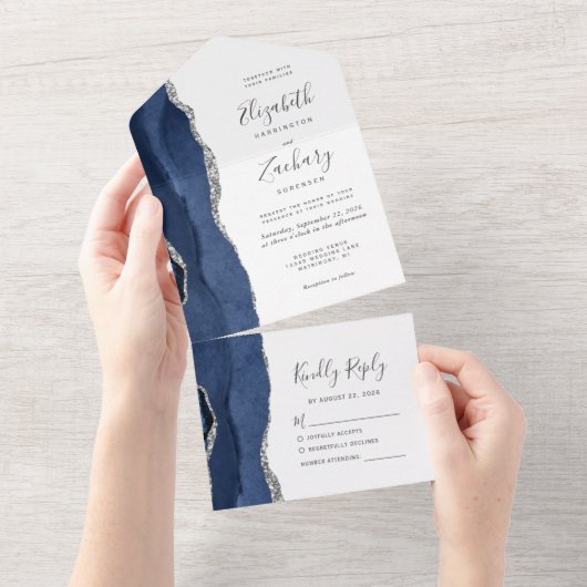 Invitation Tout En Un Mariage moderne Marine Blue Silver Agate (Déchirure)