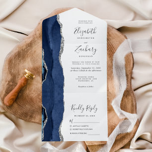 Invitation Tout En Un Mariage moderne Marine Blue Silver Agate